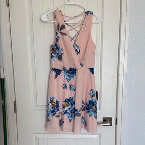 Lulu's Pink Backless Dress with Blue Floral Accents